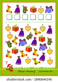 Math Education For Children. Count Quantity Of Christmas Gifts And Write Numbers. Developing Counting Skills. Logic Puzzle Game. Worksheet For School Textbook. Kids Activity Sheet. Play Online.