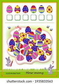 Math education for children. Count quantity of Easter eggs and write the numbers. Developing counting skills. Logic puzzle game. Worksheet for school textbook. Kids activity sheet. Play online.