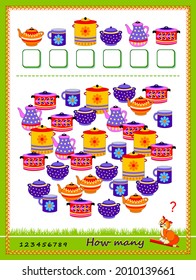 Math education for children. Count quantity of kitchen dishes and write the numbers. Developing counting skills. Logic puzzle game. Worksheet for school textbook. Kids activity sheet. Play online.