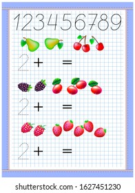 Math education for children. Exercises on addition. Count the quantity and write number of fruits. Developing counting and tracing skills. Printable worksheet on square paper for kids school textbook.