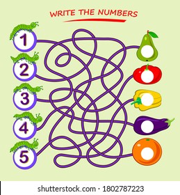 Math education for children. Find the path and write the numbers in circles. Developing counting skills. IQ test. Logic puzzle game with labyrinth. Printable worksheet for kids school textbook.