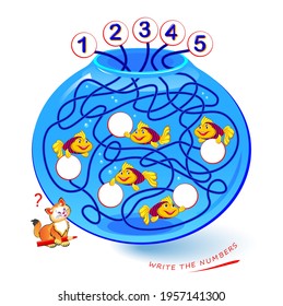 Math education for children. Find the path and write the numbers in circles. Developing counting skills. Play online. Logic puzzle game with labyrinth. Printable worksheet for kids school textbook.