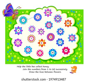 Math education for children. Help the little bee collect honey. Join the numbers from 1 to 20 successively. Draw the lines between flowers. Logic puzzle game for kids. Developing counting skills.