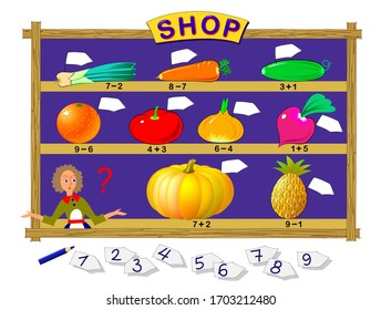 Math education for children. Help the salesgirl find the correct prices. Solve examples and write numbers. Exercises on addition and subtraction. Printable worksheet for kids mathematical textbook.