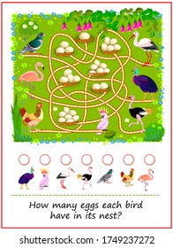 Math education for children. How many eggs each bird have in its nest? Count the quantity and write numbers. Online playing. Logic puzzle game. Developing counting skills. Printable sheet for kids.