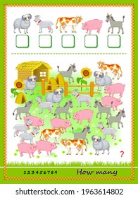 Math education for children. How many farm animals can you find? Count quantity and write the numbers. Developing counting skills. Logic puzzle game. Worksheet for kids school textbook. Play online.