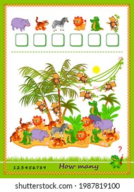 Math education for children. How many farm animals can you find? Count quantity and write the numbers. Developing counting skills. Logic puzzle game. Worksheet for kids school textbook. Play online.