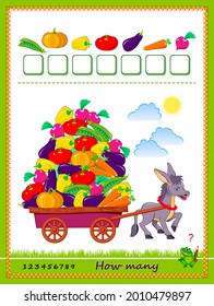 Math education for children. How many vegetables harvested donkey? Count quantity and write numbers. Developing counting skills. Logic puzzle game. Worksheet for school textbook. Kids activity sheet.