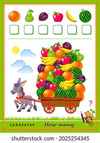 Math education for children. How many fruits harvested donkey? Count quantity and write numbers. Developing counting skills. Logic puzzle game. Worksheet for school textbook. Kids activity sheet.