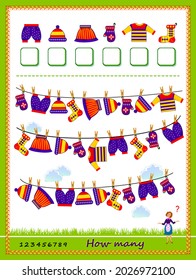 Math education for children. How many clothes can you find? Count quantity and write the numbers. Developing counting skills. Logic puzzle game. Worksheet for kids school textbook. Play online.