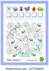 Math education for children. How many insects can you find? Paint them, count the quantity and write the numbers. Coloring book. Kids activity sheet.  Educational puzzle game. Vector illustration.