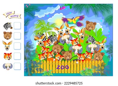 Math education for children. How many animals can you find in the zoo? Count the quantity and write numbers. Educational logic puzzle game. Developing counting skills. Printable sheet for kids.