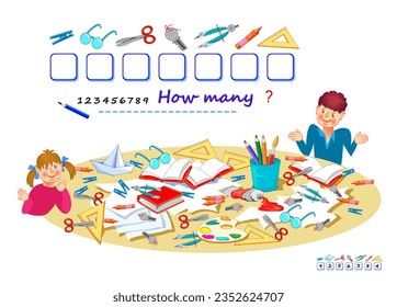 Math education for children. How many school supplies can you find among the mess on the table? Count the quantity and write the numbers. Kids activity sheet. Educational game. Vector illustration.