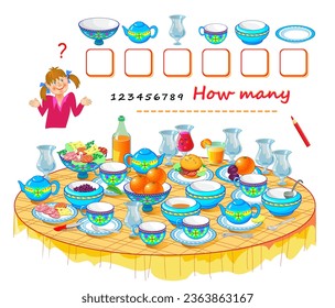 Math education for children. How many dishes can you find on the table? Count the quantity and write the numbers. Kids activity sheet. Educational game. Vector illustration.