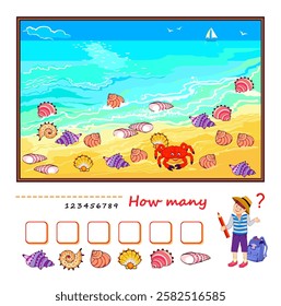 Math education for children. How many sea shells can you find on the beach? Count the quantity and write the numbers. Kids activity sheet. Educational game. Flat vector illustration.