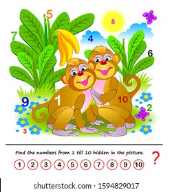 Math education for children. Logic puzzle game. Find the numbers from 1 till 10 hidden in the picture. Developing counting skills. Printable worksheet for kids book. Illustration of two cute monkeys.