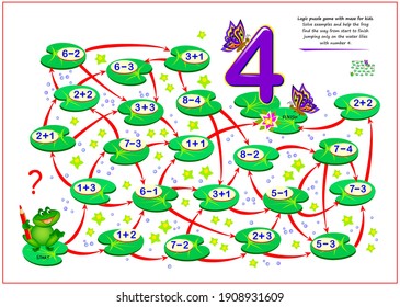 Math education for children  Logic puzzle game and maze for kids  Solve examples   help the frog find the way from start to finish jumping only the water lilies and number 4  Play online 