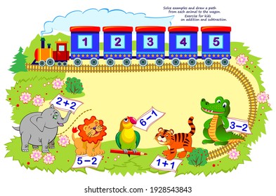 Math education for children. Logic puzzle game for kids. Solve examples and draw a path from each animal to the wagon. Play online. Exercise on addition and subtraction. Printable worksheet.