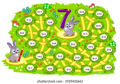 Math Education For Children. Logic Puzzle Game With Maze For Kids. Solve Examples And Help The Rabbit Find The Way To His Friend Jumping Only On The Eggs With Number 7. Play Online. IQ Test.