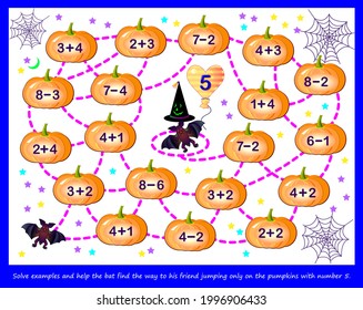 Math education for children. Logic puzzle game with maze for kids. Solve examples and help the bat find the way to his friend jumping only on the pumpkins with number 5. Play online. IQ test.
