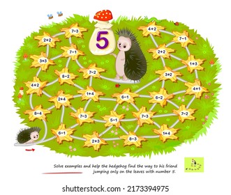 Mathematikunterricht für Kinder. Logic Puzzle Spiel mit Labyrinth für Kinder. Lösen Sie Beispiele und helfen Sie dem Igel finden den Weg zu seinem Freund springen nur auf den Blättern mit Nummer 5. Zeichne den Pfad. Online abspielen