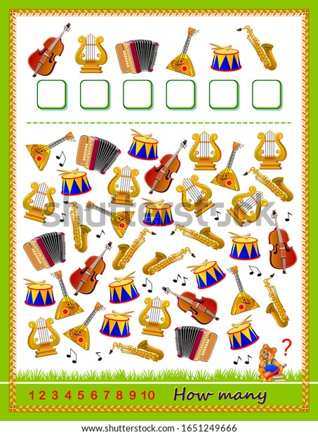 Math education for children. Logic puzzle game.
Count quantity of musical instruments and write numbers. Developing
counting skills. Printable worksheet for kids book. IQ test. Vector
cartoon image.