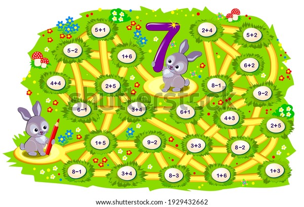 Math education for children. Logic puzzle game with\
maze for kids. Solve examples and help the rabbit find the way to\
his friend jumping only on the eggs with number 7. Play online. IQ\
test.