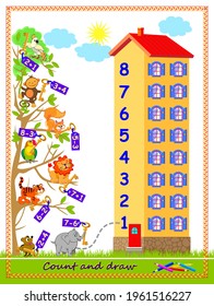 Math education for children on addition and subtraction. On what floor of the house lives every animal? Solve examples and draw the lines. Logic puzzle game. Worksheet for kids textbook. Play online.