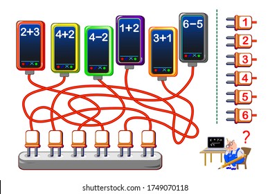 Math education for children. Page for kids with exercises on addition and subtraction. Help the professor to calculate how to charge mobile phones. Solve examples and write numbers. Online playing.