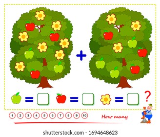 Math education for children. Printable worksheet for kids. Count the quantity of apples and flowers, solve examples and write numbers. Logic puzzle. Mathematics exercise book on addition. Flat vector