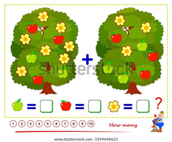 子ども向けの数学教育 子供用の印刷可能なワークシート リンゴと花の数を数え 例を解き 数字を書きなさい 論理パズル 加算に関する数学の練習本 平面ベクトル のベクター画像素材 ロイヤリティフリー