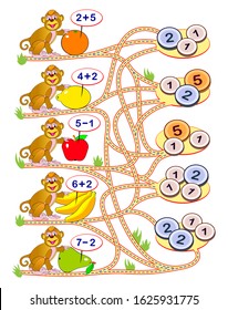 Math education for children. Solve examples, count the price for each fruit and draw the way to the correct coins. Exercises on addition and subtraction. Printable worksheet for kids book. Logic puzzle.