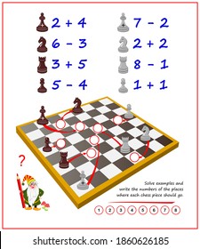 Educación matemática para los niños. Resuelva ejemplos y escriba los números de los lugares a los que debe ir cada pieza de ajedrez. Ejercicios de adición y sustracción. Juego de rompecabezas lógico. Libro de texto escolar para niños.
