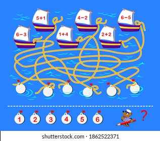 Math education for children. Solve examples and write numbers on the balls to which the boats are attached. Addition and subtraction exercises. Logic puzzle game with a maze. Kids school textbook.