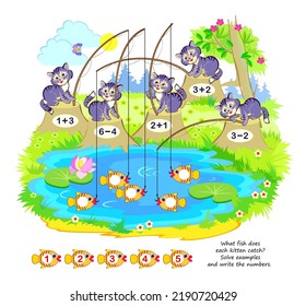 Math education for children. What fish does each kitten catch? Solve examples and write the numbers. Educational page for kids. Printable worksheet for school workbook. Cartoon vector illustration.