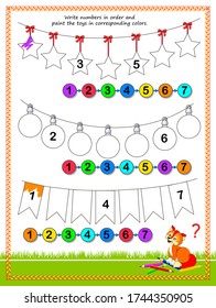 Math education for children. Write numbers in order and paint the toys in corresponding colors. Worksheet for school. Coloring book. Kids activity sheet. Online playing. Game task for attention.