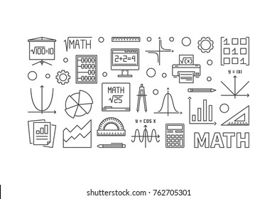 Math education concept horizontal banner. Vector illustration in outline style made with mathematical icons