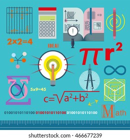 Math education concept. Modern flat icon vector illustration collection. Poster, cover of the textbook or notebook. Background from scientific formulas