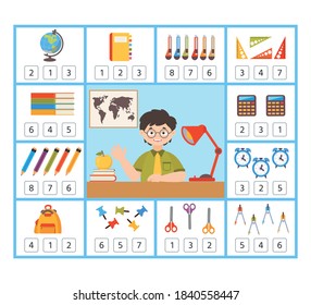 Math Education game for children. How many school supplies. Kids learning material. Preschool worksheet activity. Children funny riddle entertainment. Vector Illustration