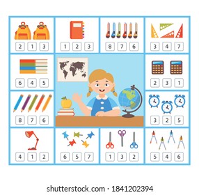 Math Education game for children. How many school supplies. Kids learning material. Preschool worksheet activity. Children funny riddle entertainment. Vector Illustration