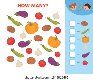Math Education game for children. How many vegetables. Kids learning material. Preschool worksheet activity. Children funny riddle entertainment for the development of logical thinking