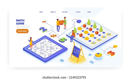 Math education game for kids, landing page design, website banner vector template. Fun worksheets, number puzzles.