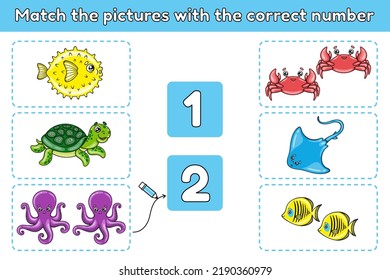 Math education for kids. Counting game for preschool children. Match the pictures with the correct number. Vector illustration of cartoon ocean animals.