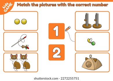 Math education for kids. Counting game for preschool and school children. Count and match the pictures with the correct number. Worksheet with cartoon kitten and cat accessories. Vector illustration.