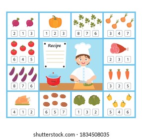 Math education for kids. Help the chef calculate the amount of vegetables. Developing counting skills. Preschool worksheet activity. Children funny riddle entertainment 