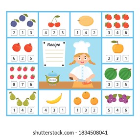 Math education for kids. Help the chef calculate the amount of vegetables. Developing counting skills. Preschool worksheet activity. Children funny riddle entertainment 