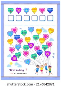 Math education for kids. How many balloons have the children? Count the quantity and write numbers. Worksheet for school textbook. Developing counting skills. Educational game. Vector illustration.