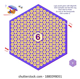 Math education for kids with maze. Logic puzzle game with labyrinth for children and adults. Solve examples and find the way from start to finish. Go only on the honeycombs with number 6. Play online