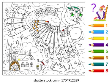 Math education for little children. Coloring book. Mathematical exercises on addition and subtraction. Solve examples and paint flying owl. Developing counting skills. Printable worksheet for kids.