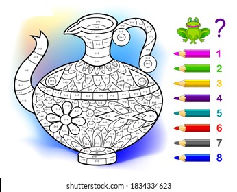 Math education for little children. Coloring book. Mathematical exercises on addition and subtraction. Solve examples and paint the antique jug. Developing counting skills. Worksheet for kids.